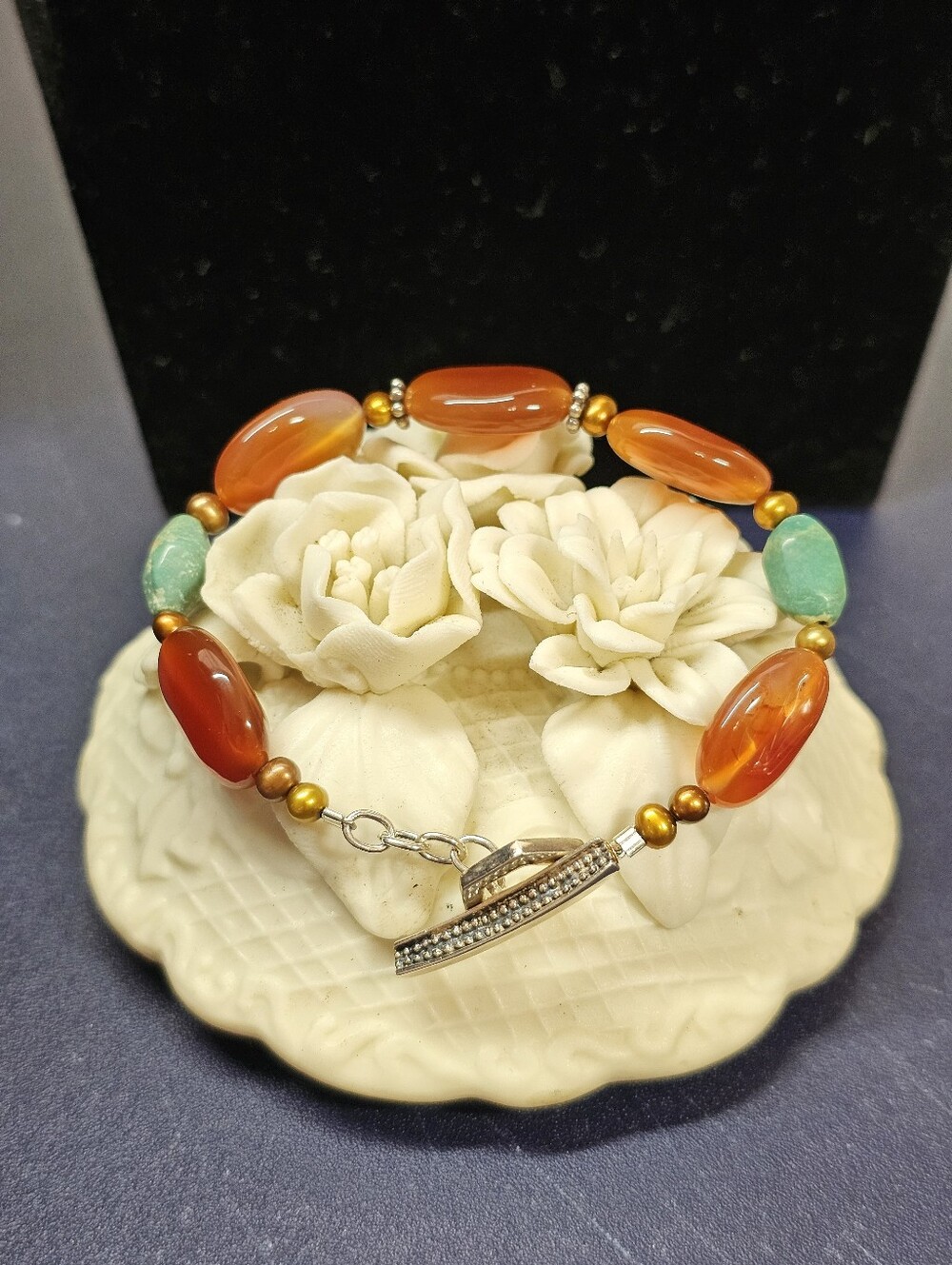 Barse 925 Silver Carnelian, Turquoise, and Pearl Toggle Bracelet